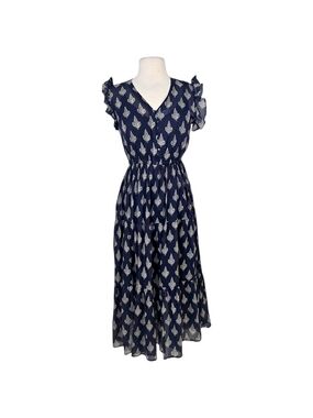 Chelsea & Theodore Navy Ruffle Sleeve Brocade Print Maxi Dress